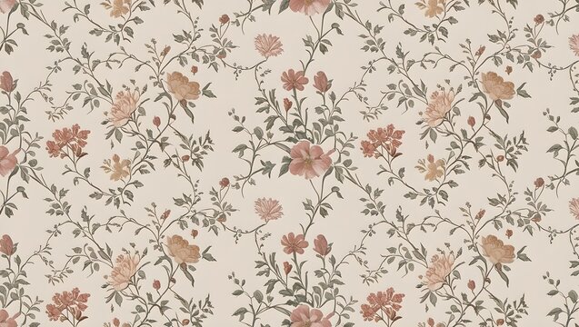 Vintage Floral Wallpaper Pattern &ndash; Elegant Botanical Design with Delicate Flowers and Vines &ndash; Classic Decorative Background, AI Generated