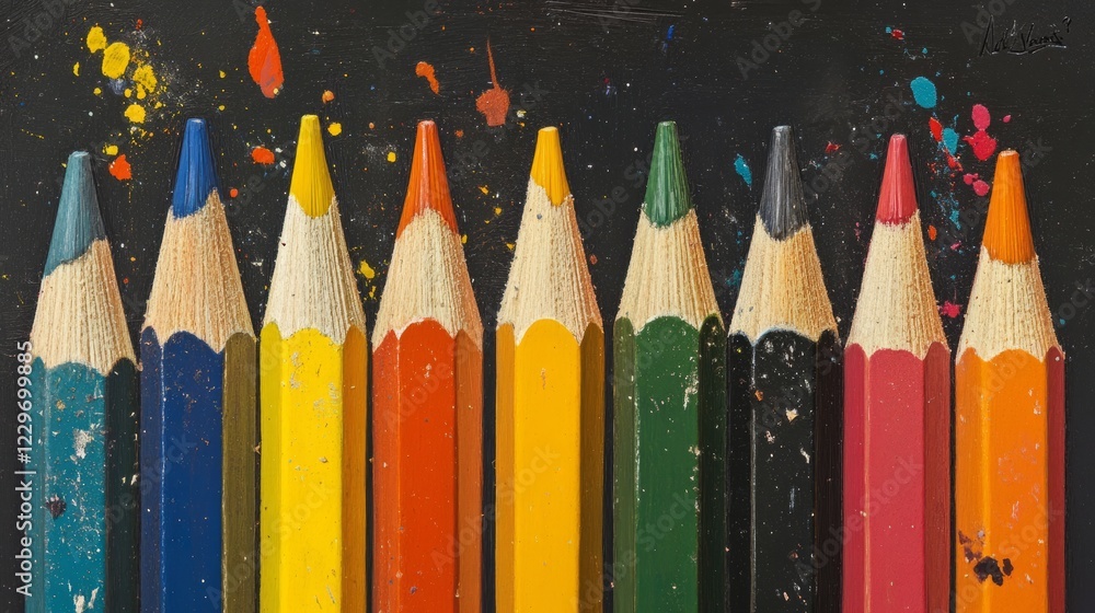 Poster a vivid display of colored pencils arranged in a row, set against a black backdrop with dynamic pain