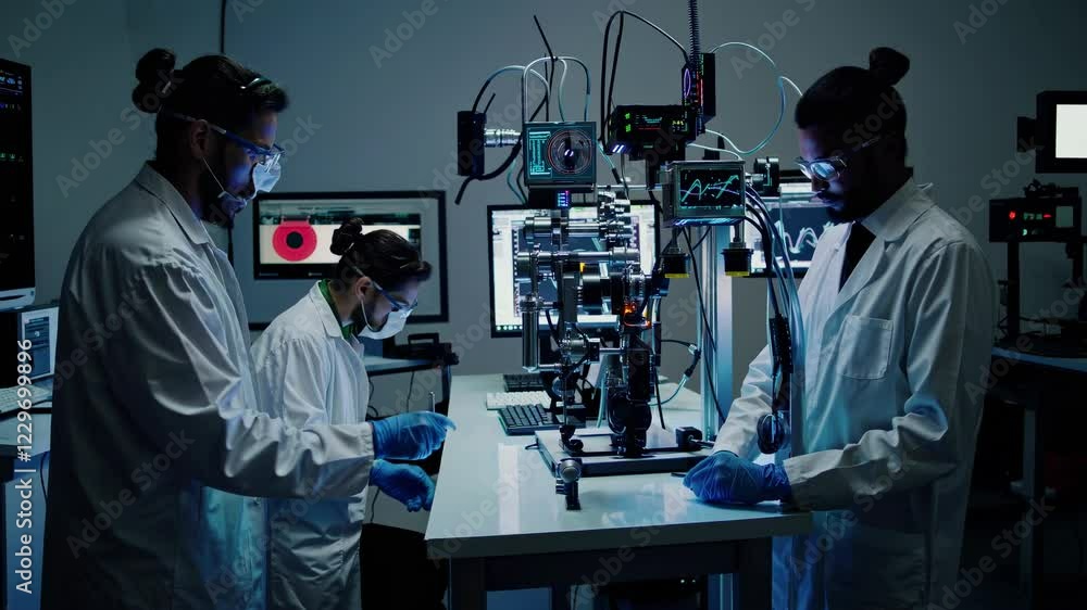 Poster exploring advanced hologram technology in a futuristic research lab with cutting-edge vfx and hud el