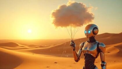 A humanoid robot with metallic skin and glowing blue eyes stands in a vast desert landscape, holding a fluffy white cloud tethered by a thin, shimmering thread. The sun sets in the background
