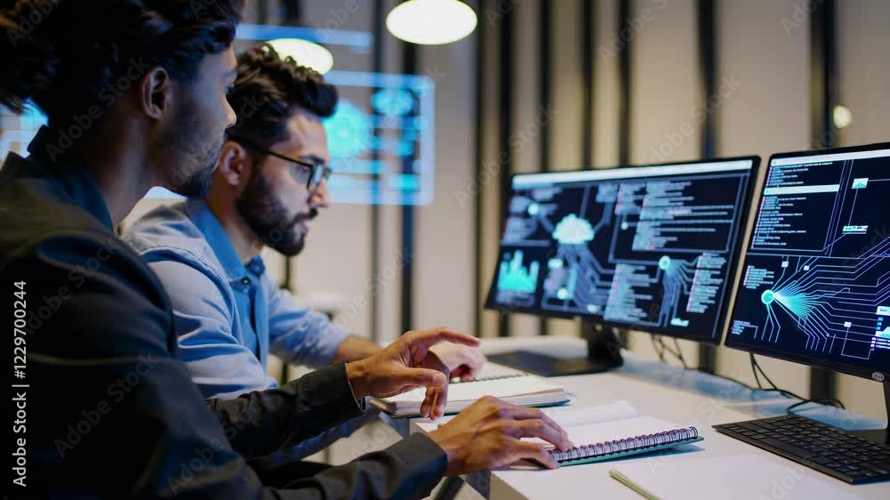 Aufkleber Futuristic workplace with holographic displays showcasing data analysis and real-time collaboration in a modern setting