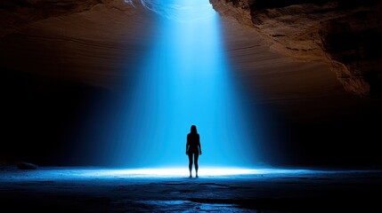 Fototapeta premium Woman silhouetted in a cave with a blue light beam.