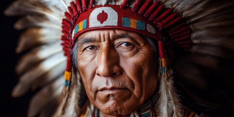 Fototapeta premium A dignified Native American chief in traditional feathered headdress, showcasing cultural pride and history. Perfect for educational or cultural themes.