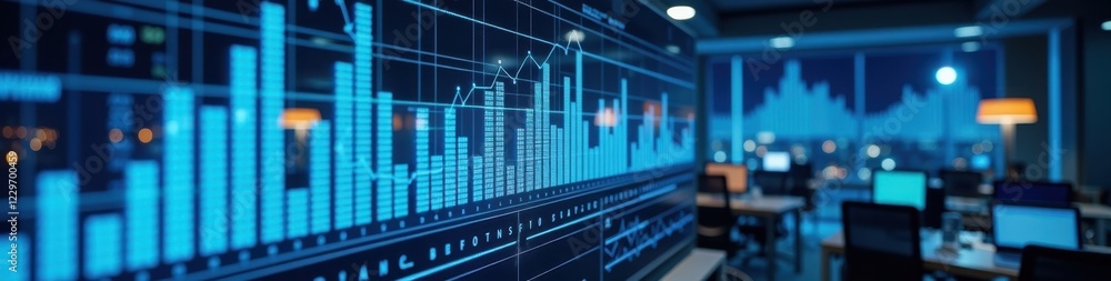 Poster high-tech digital interface displaying graphs in futuristic office environment, showcasing innovatio