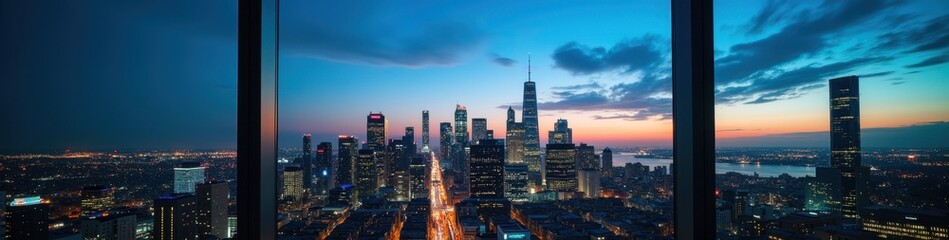 Fototapeta premium Stylish high-rise corporate skyline at twilight with glowing city lights visible through a panoramic window, symbolizing urban success.