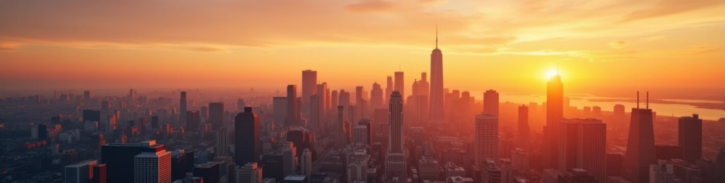 Stunning city skyline at sunset with skyscrapers under warm hues, inspirational ambiance. Concept for wallpaper or LinkedIn banner. 