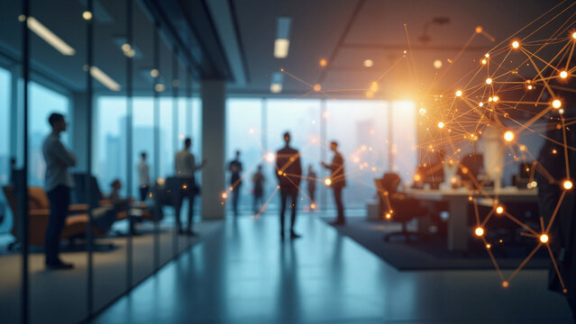 Dynamic Networking Concept in Modern Office Setting, Ideal for Corporate Presentations, Business Development Articles, and Social Media Campaigns