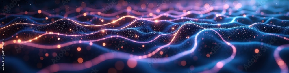 Poster digital rendering of vibrant neural pathways as a labyrinth with glowing star trails and luminous do