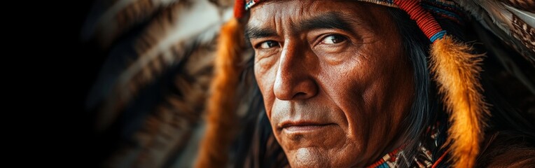 Obraz premium A dignified Native American chief in traditional feathered headdress, showcasing cultural pride and history. Perfect for educational or cultural themes.