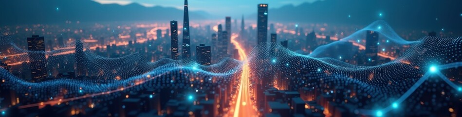 3D-rendered neural network pattern overlaying a high-tech futuristic cityscape at dusk, illuminated urban lights representing innovation and technology. Futuristic Technology LinkedIn Banner