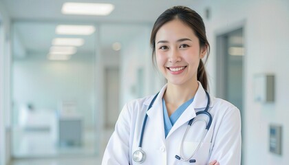 Smiling Female Doctor in White Coat with Stethoscope in Hospital