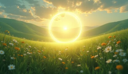 "A radiant golden portal shimmers in the heart of a sunlit meadow, pulsing with ethereal energy."
