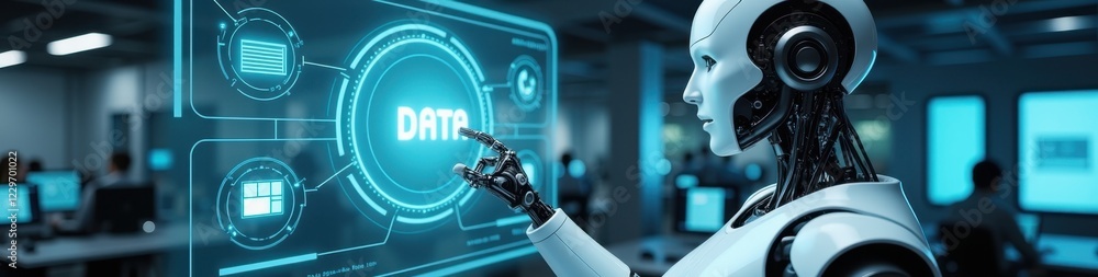 Poster humanoid ai robot interacting with a holographic display in a high-tech lab, showcasing advanced tec