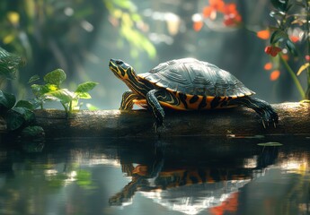 Vibrant Turtle on Log Surrounded by Lush Greenery and Serene Water Reflection in Natural Habitat