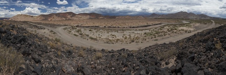 Panoramic view of the Ruta 40 route through the arid Argentine pampas in front of the Andes...