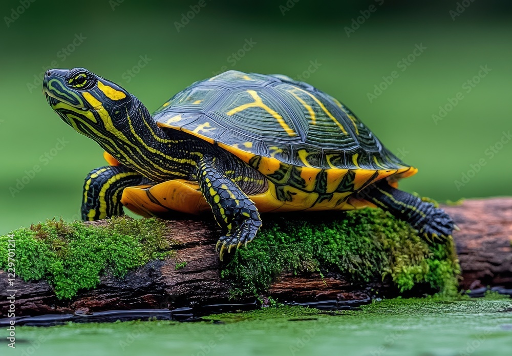 Poster vibrant turtle relaxing on mossy log in calm water with soft focus background enhancing nature's bea