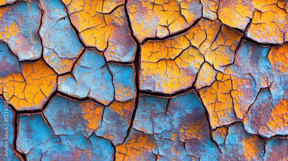 Poster close-up of an oxidized metal sheet, featuring cracks and layers of orange rust, perfect for adding 