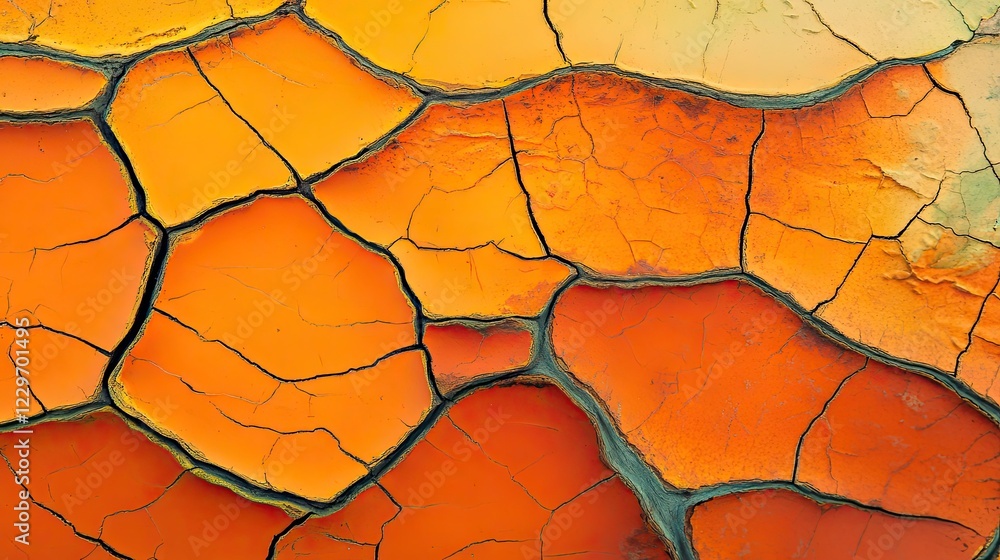 Poster close-up of an oxidized metal sheet, featuring cracks and layers of orange rust, perfect for adding 