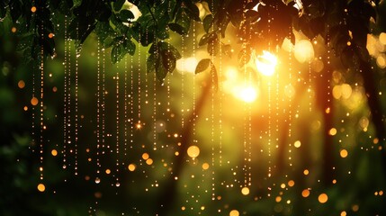 Magical sunset in lush forest with glowing particles and rain.