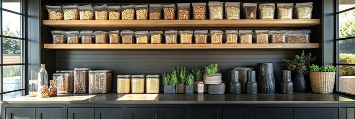 Organized pantry with food storage containers, plants, and kitchenware on shelves.