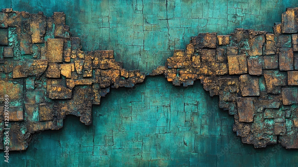 Poster close-up of oxidized metal, showing uneven oxidation and scattered rust patches, creating a unique, 