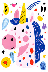 Cute cartoon unicorn with mane and horn illustration isolated on white background