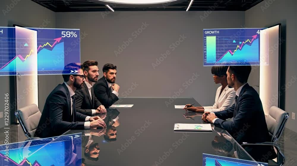 Poster holographic data presentation in a modern conference room featuring visual analytics