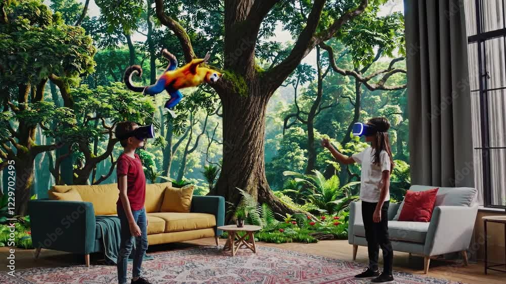 Poster immersive experience in a futuristic virtual forest setting with advanced vfx and hud display