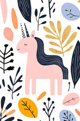 Cute cartoon unicorn with mane and horn illustration on white background. Card and shirt design