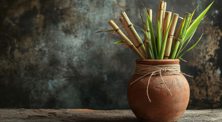 Brown clay pot with green sugarcane stalks displayed against textured background
