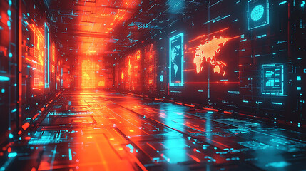Stunning futuristic corridor with vibrant red and blue digital interfaces.  Perfect for tech, science fiction, data visualization, and virtual reality projects.