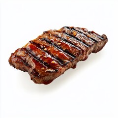 A mid-air grilled steak with vibrant red juices and charred edges, isolated on a white background