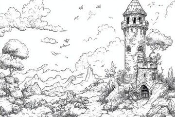Enchanted Mountaintop Fortress Drawing