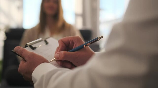Close up of a psychoanalyst hands writing notes, recording a patient responses as she sits on the couch. Selective focus highlights uncovering subconscious distress and crafting a therapy plan.