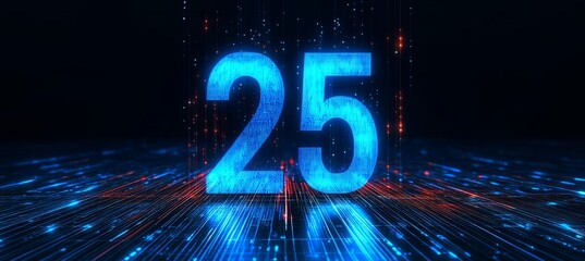 Glowing Digital Single Number 25. Blue Hologram Twenty Five, Twenty-Fifth 3D Rendering Illustration
