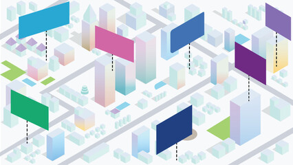 Fototapeta premium Isometric City Digital Billboard, Concept for online community and social media marketing