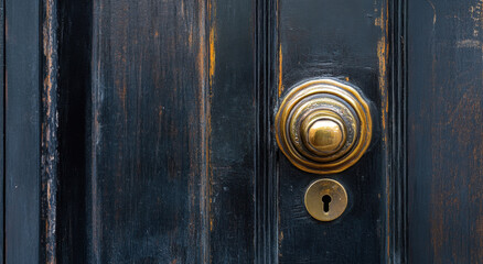 Close-up of an ornate brass door handle on a weathered black wooden door showcasing fine craftsmanship and details