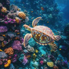 Fototapeta premium Vibrant Underwater Scene with Sea Turtle Swimming Over Colorful Coral Reef Surrounded by Tropical Fish in Crystal Clear Blue Ocean Water
