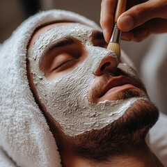 Naklejka premium A serene young woman enjoys a facial mask at a spa, showcasing skincare and relaxation. Perfect for wellness and beauty themes.