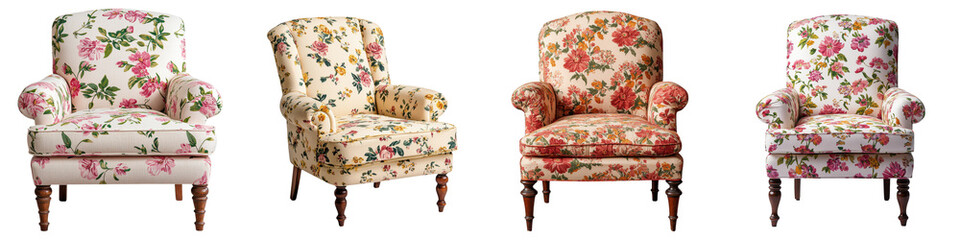 Charming floral upholstered armchairs and sofas in a vintage inspired living room setting  The furniture features intricate patterns and designs creating a cozy and inviting atmosphere