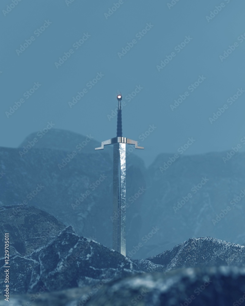 Aufkleber 3d render of a sword in the stone with a surreal background