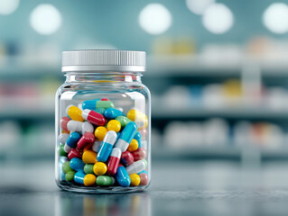 Transparent medicine bottle filled with colorful capsules on pharmacy counter.
