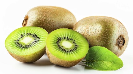 Fototapeta premium Halved and whole kiwi fruits with green leaves, AI generated