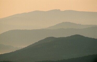 View on Bavarian forest from the Lusen at dawn, Bavaria, Germany, Europe