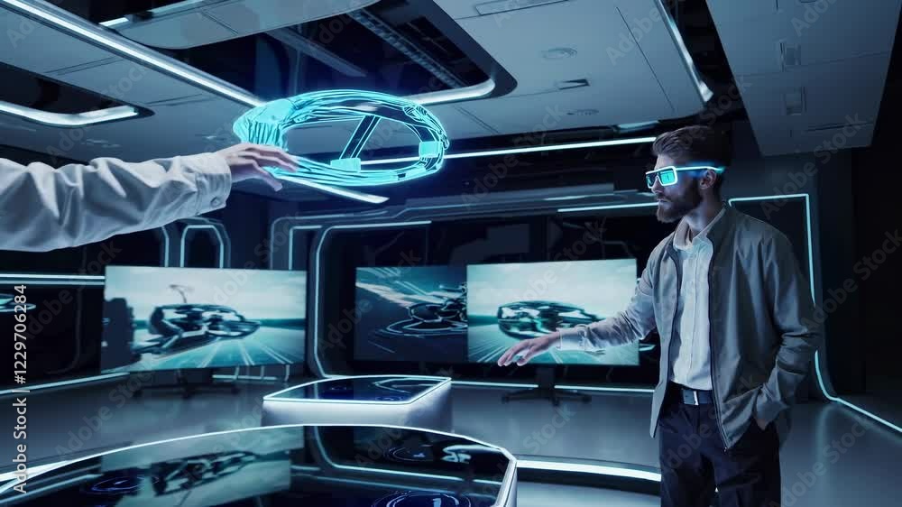 Poster exploring futuristic technology through holograms and interactive vfx in a high-tech lab environment