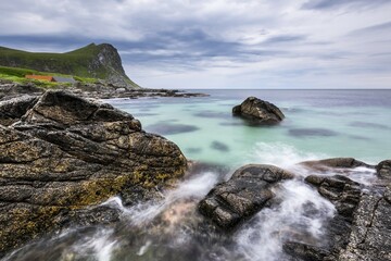 Surf on rocky coast, sandy beach, Myrland, Flakstadoya, Lofoten, Norway, Europe