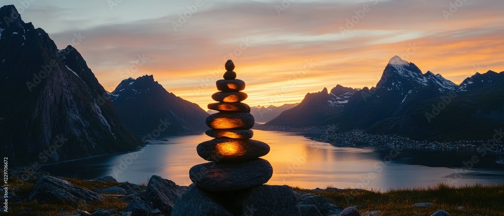 Poster stack of natural rocks arranged in a balanced formation on a sandy beach with ocean in the backgroun
