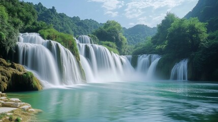Naklejka premium Serene Waterfall Cascading Through Lush Green Mountains