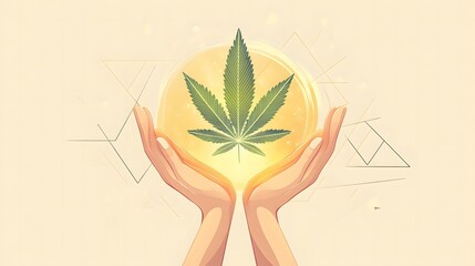 A creative flat illustration for Marijuana Awareness Month, showing hands holding a cannabis leaf with a glowing aura, symbolizing awareness and understanding