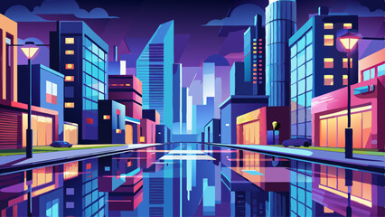 Nighttime Cityscape with Reflections and Wet Streets in Urban Setting